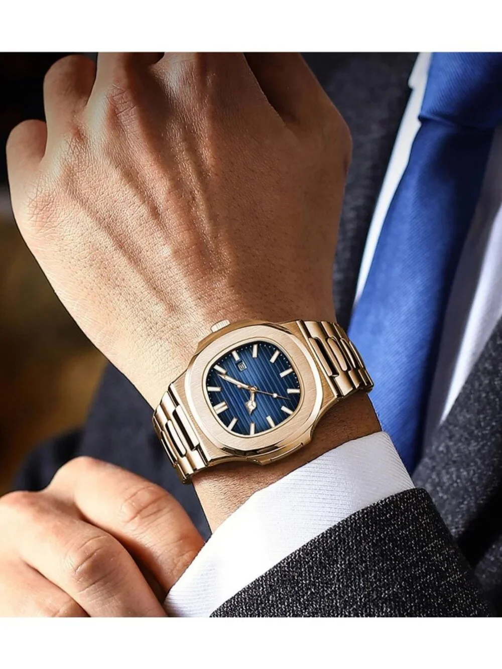 Men's Rose Gold Stainless Steel Strap Quartz Movement Waterproof Wrist Watch